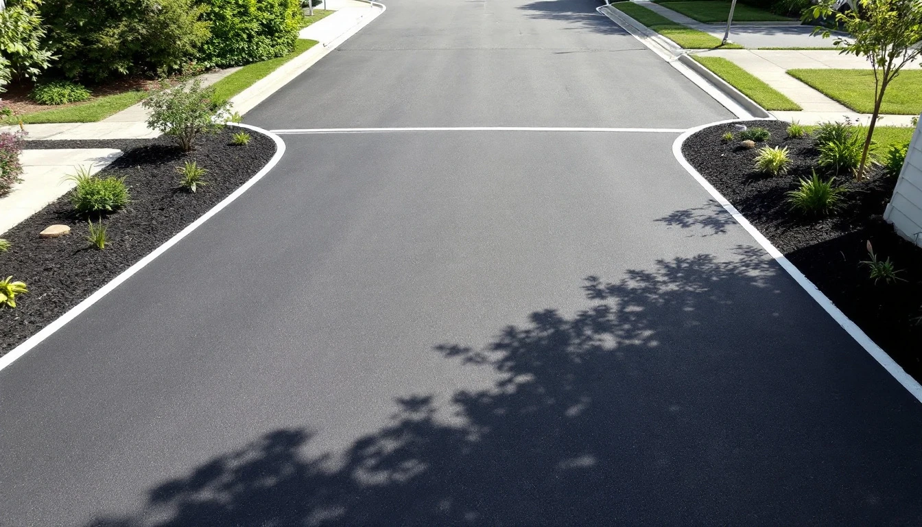 Wide asphalt entry apron seen from above in midday sun