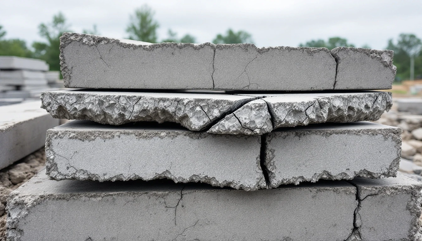 Broken gray concrete slabs with jagged edges awaiting removal