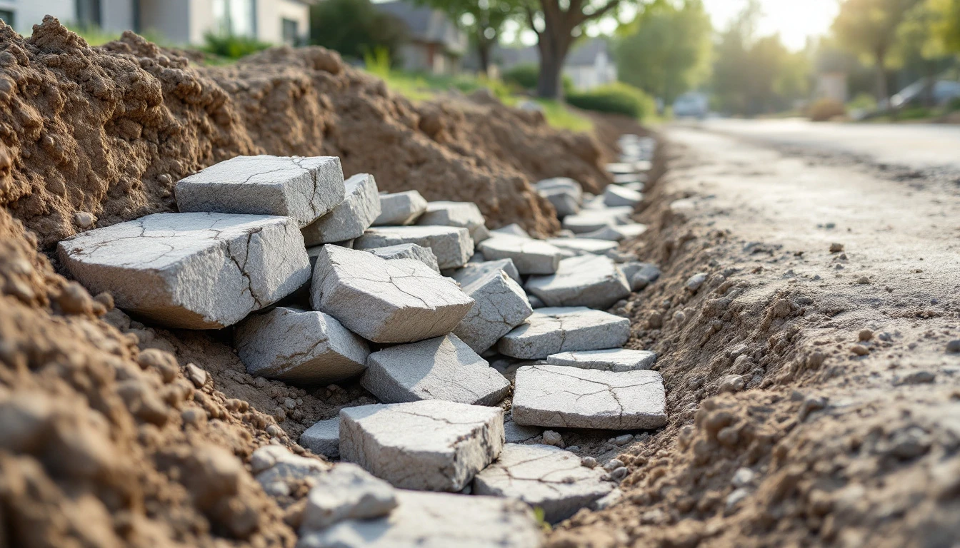 Broken concrete slab chunks piled beside an excavated driveway trench