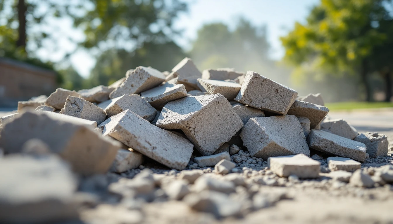Broken concrete slab chunks piled during driveway removal