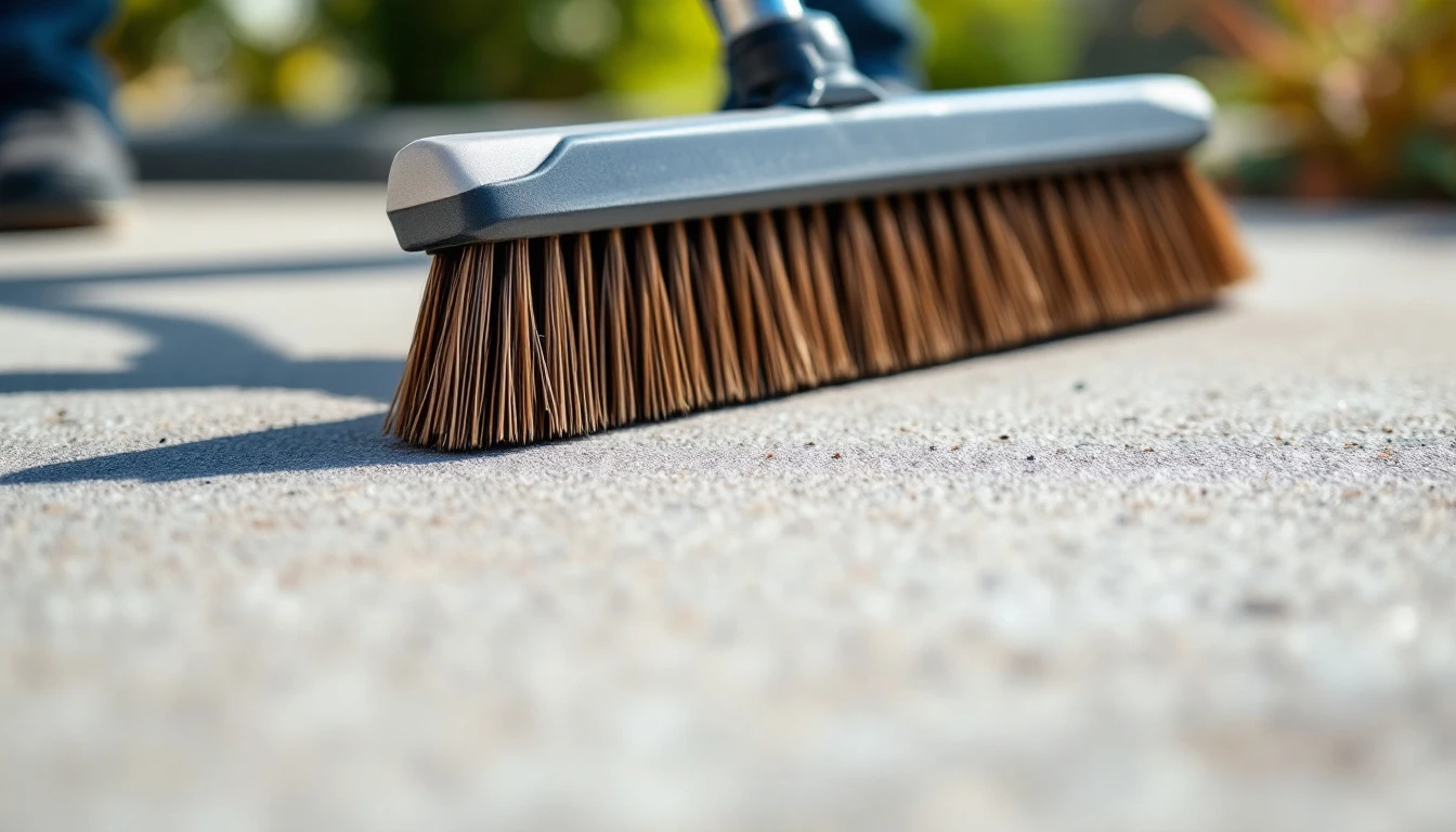 Fine broom texture across a new concrete driveway panel