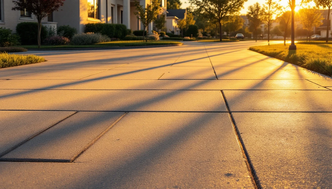 Fine broomed lines across new concrete crossed by long evening shadows