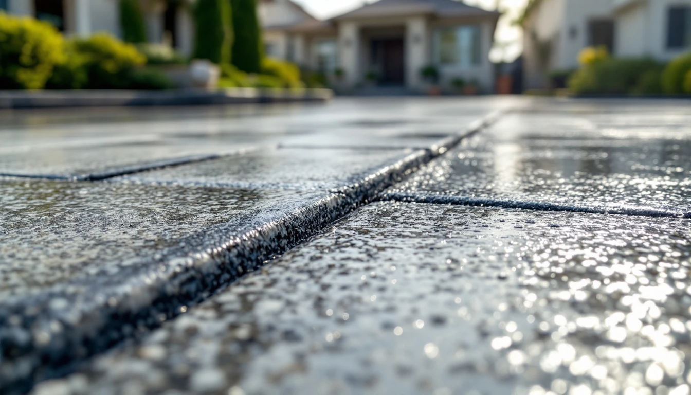 Broom-finished concrete driveway with clean expansion joints in bright sun