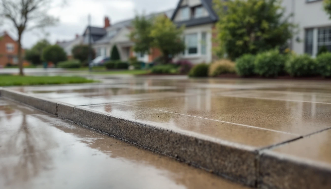 Broomed concrete frontage stretching under a flat overcast sky