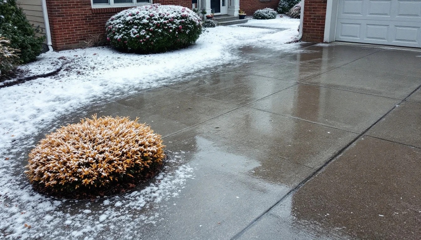 Weathered broom finished concrete dusted with light snow