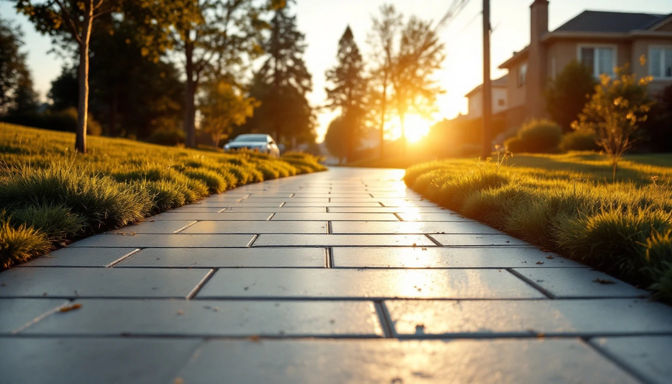 Broomed concrete drive climbing a sharp incline in warm light