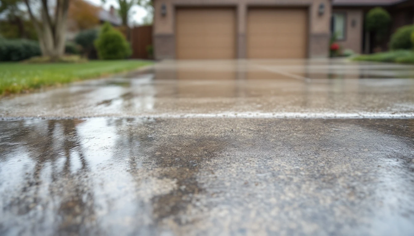 Weathered broom finished drive glistening with puddles after rain