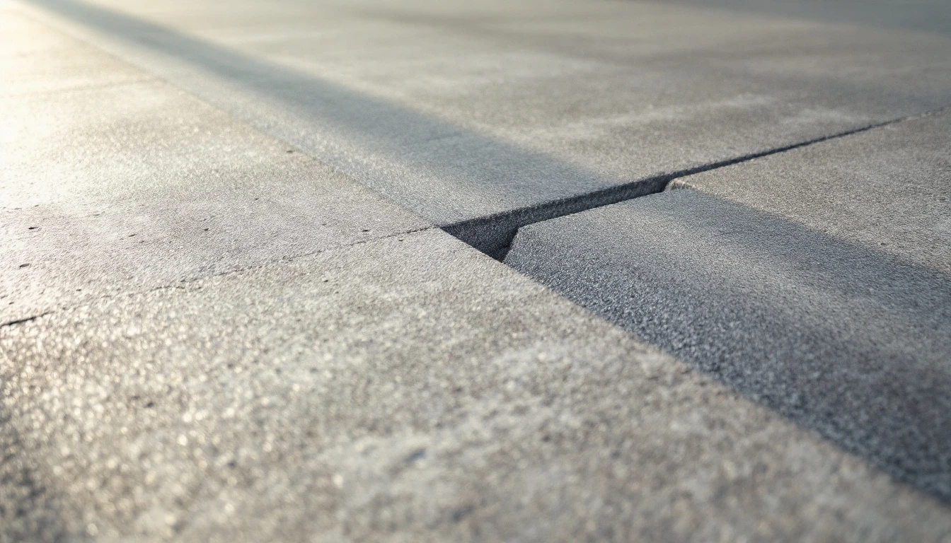 Close view of brushed concrete surface and straight control joint