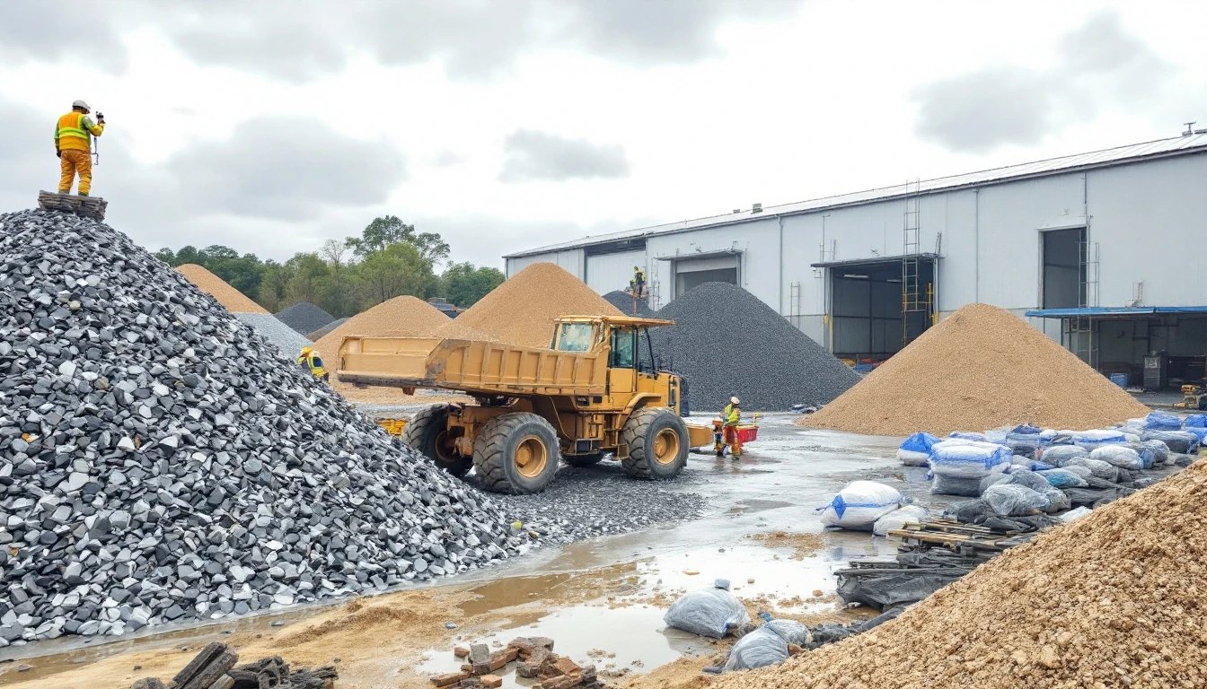 Mounds of bulk gravel aggregate waiting in a storage yard