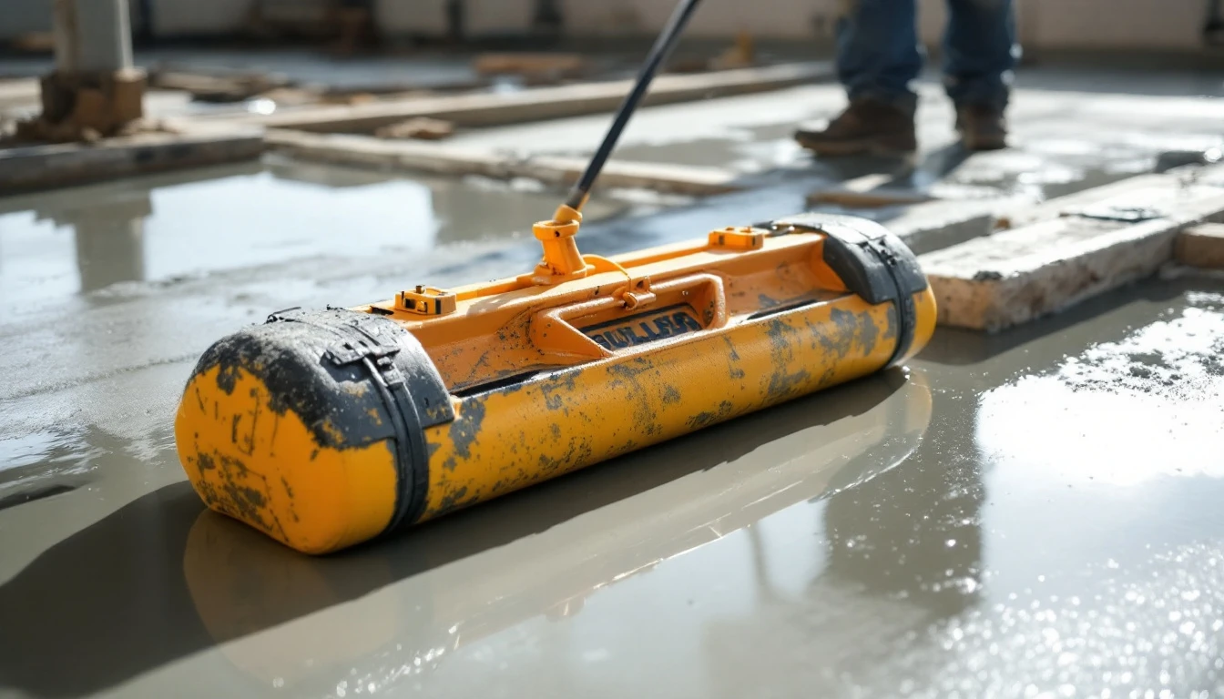 Bull float resting on a freshly poured concrete slab