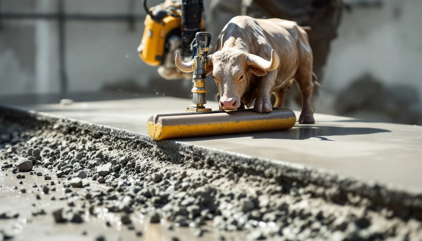 Bull float smoothing a wide wet concrete slab in midday sun