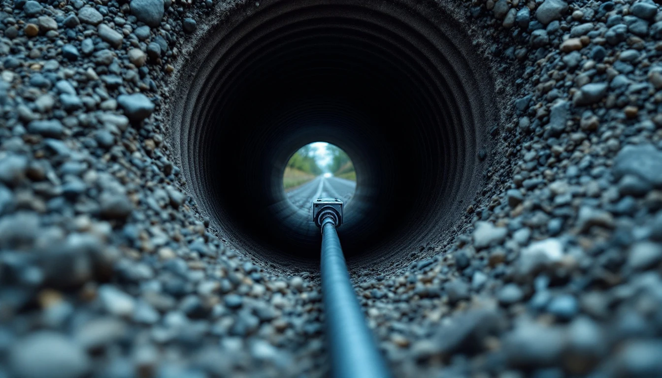 Small camera cable feeding into a corrugated culvert under gravel