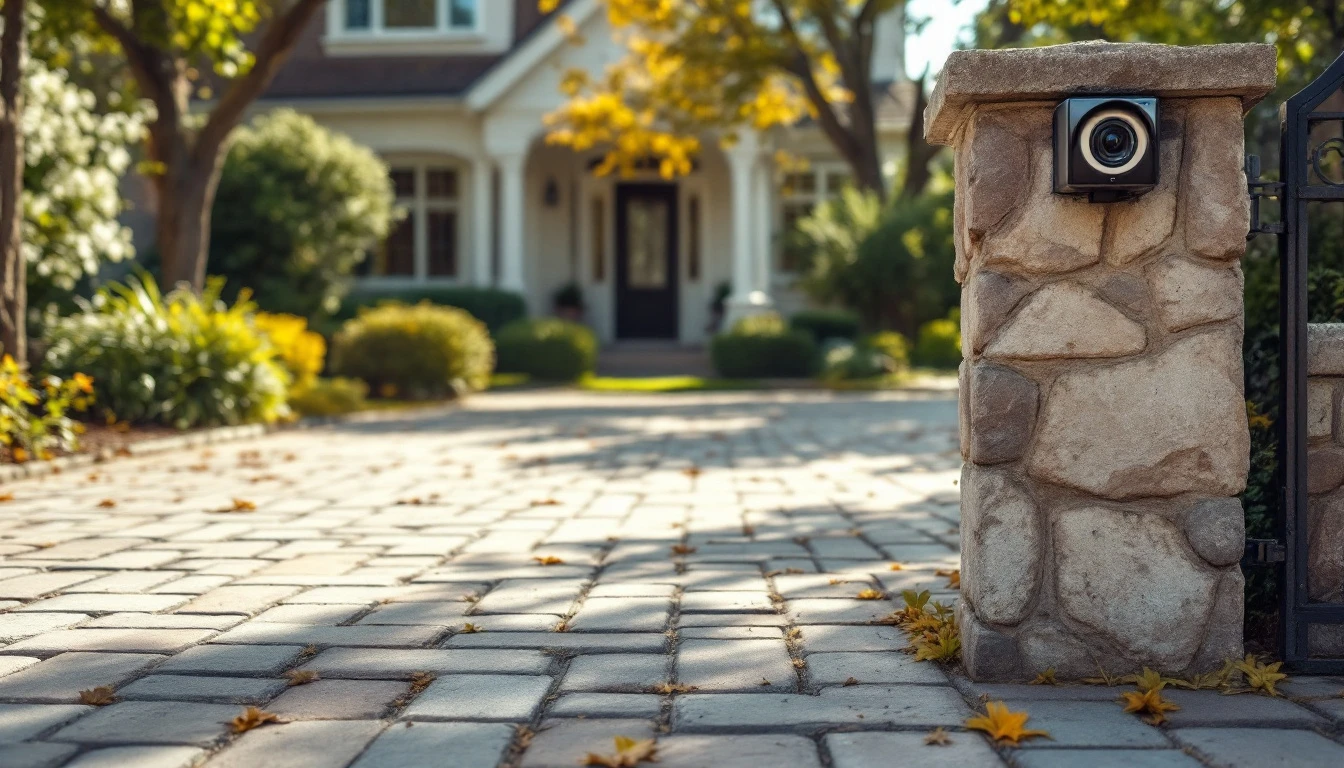 Weathered paver drive with a small camera on a gate pillar