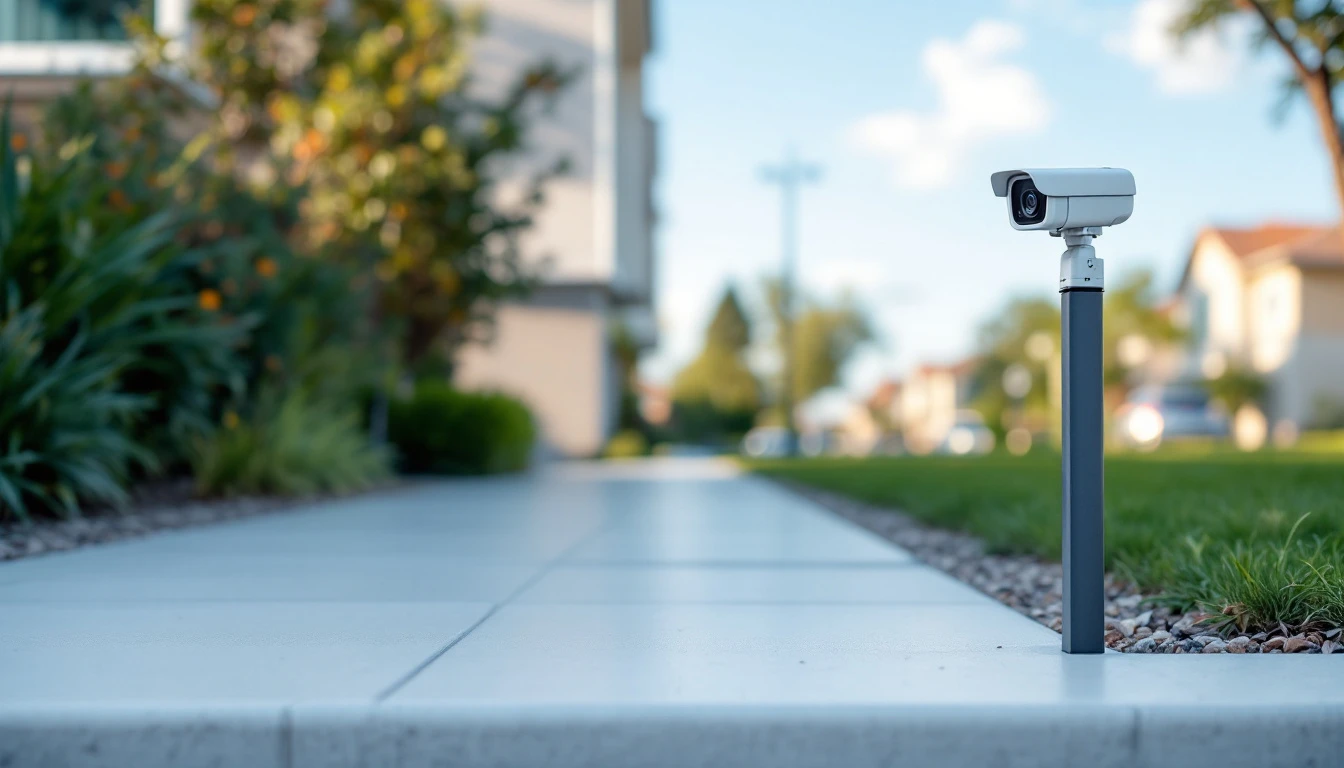 Camera post at the curb beside a smooth sealed concrete frontage