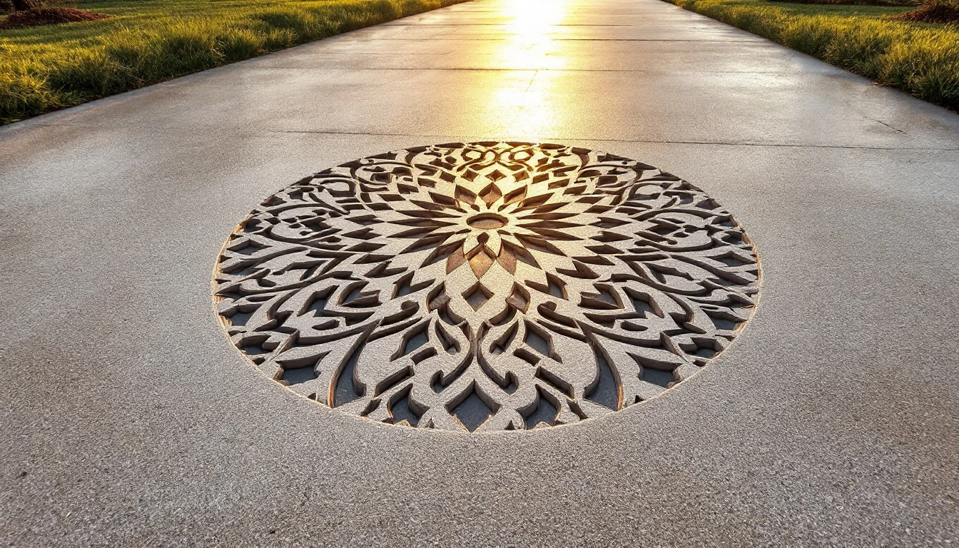Carved geometric pattern cut into a smooth concrete slab