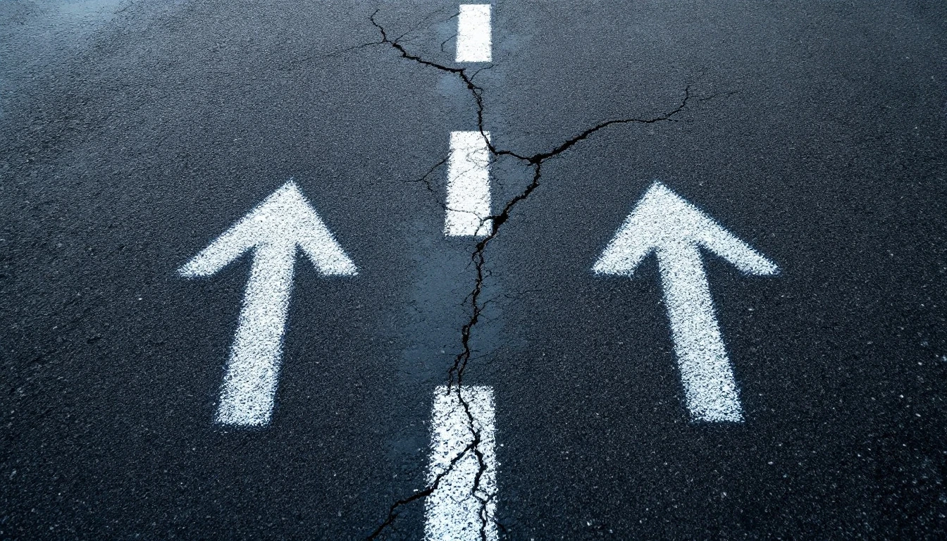 Chalk arrows marking cracks on a damp weathered blacktop surface
