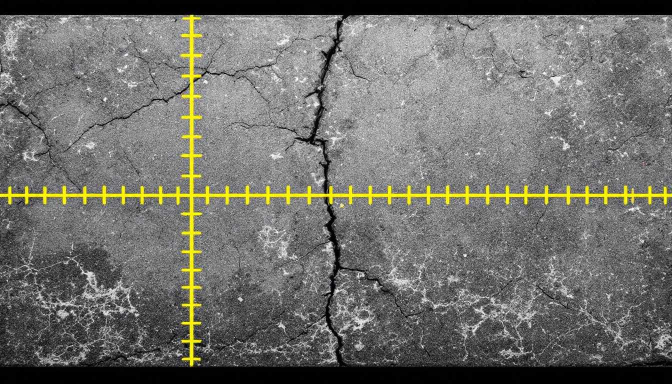 Chalk grid marked across a cracked concrete panel in bright sun