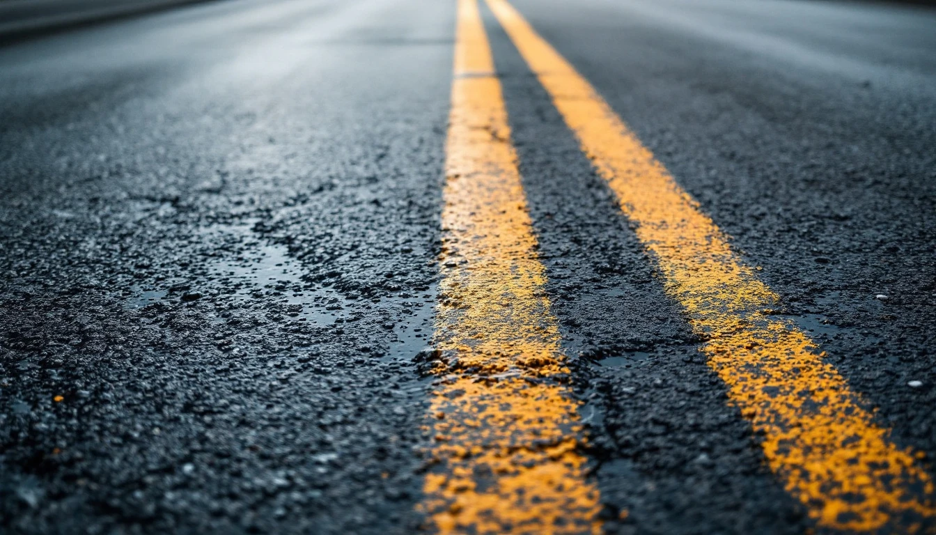 Weathered asphalt marked with chalk section lines for inspection