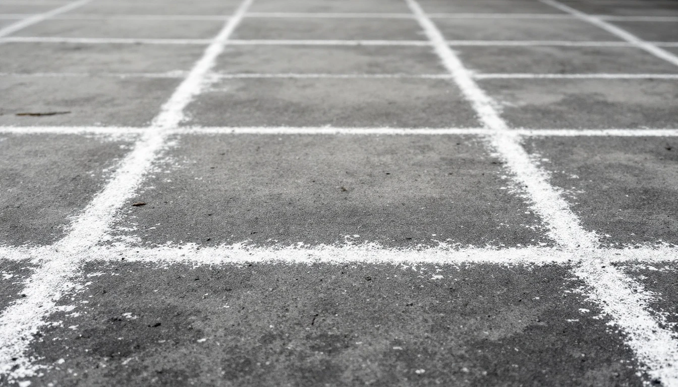 Chalk survey grid marking a weathered concrete driveway surface for scanning