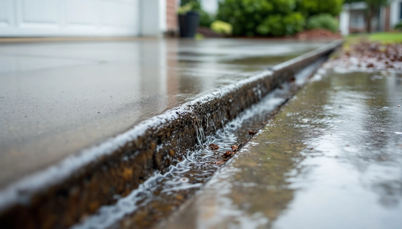 Channel drain catching rain runoff where a driveway meets the garage