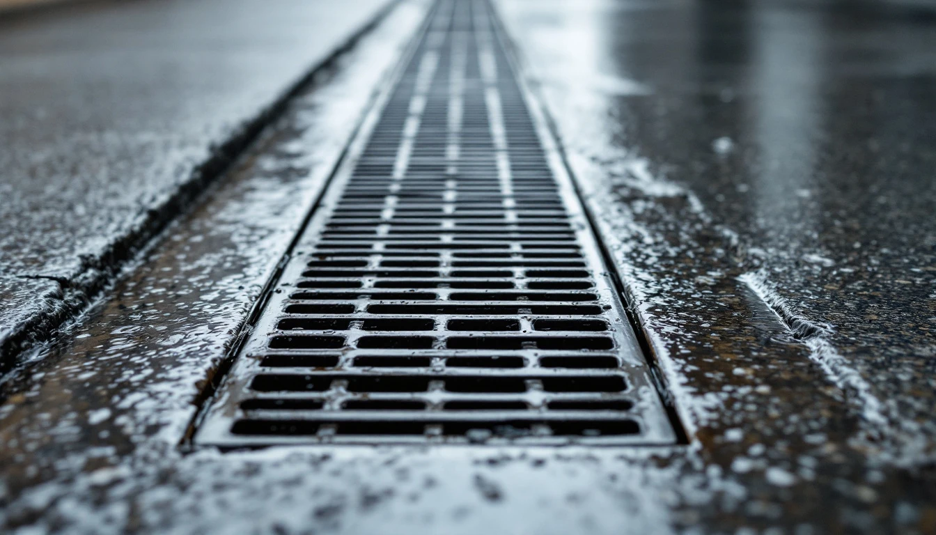 Long metal grate set flush across rain wet concrete