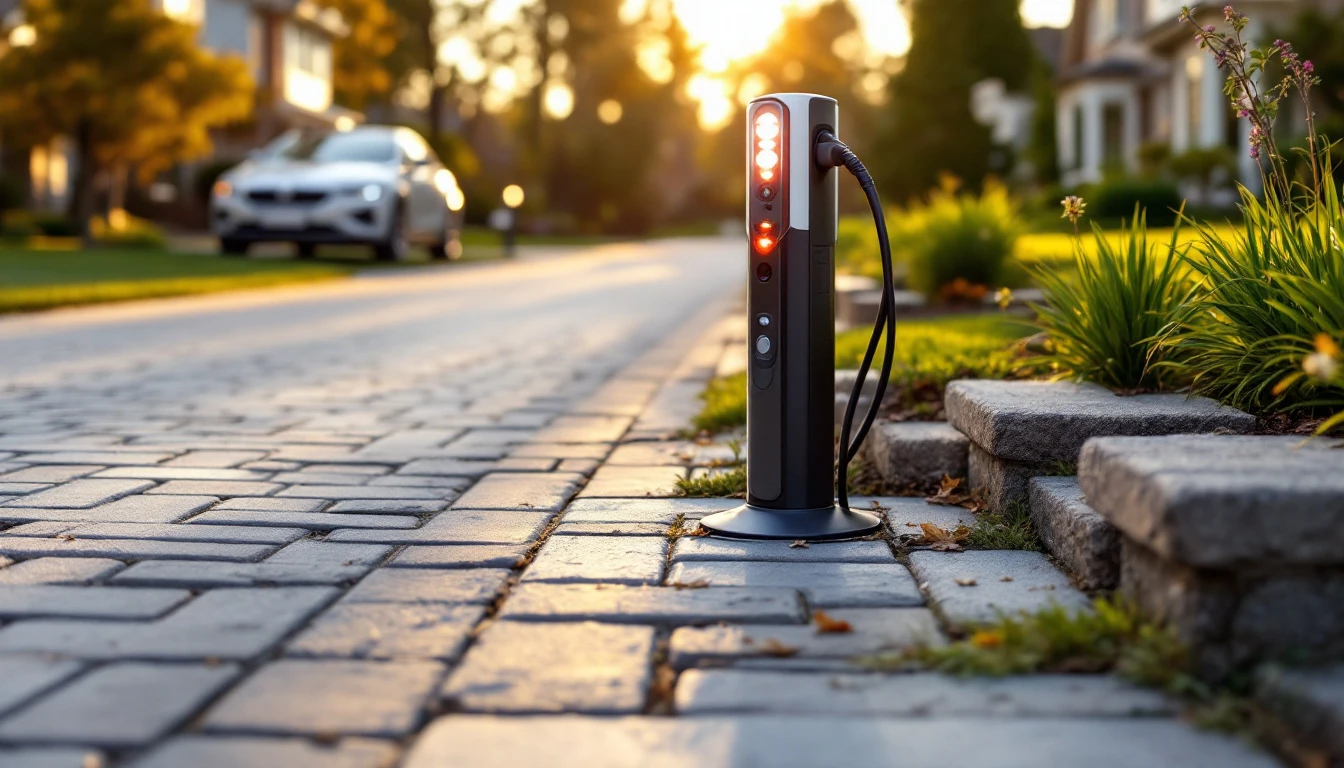 Charging pedestal mounted at the edge of a new paver drive
