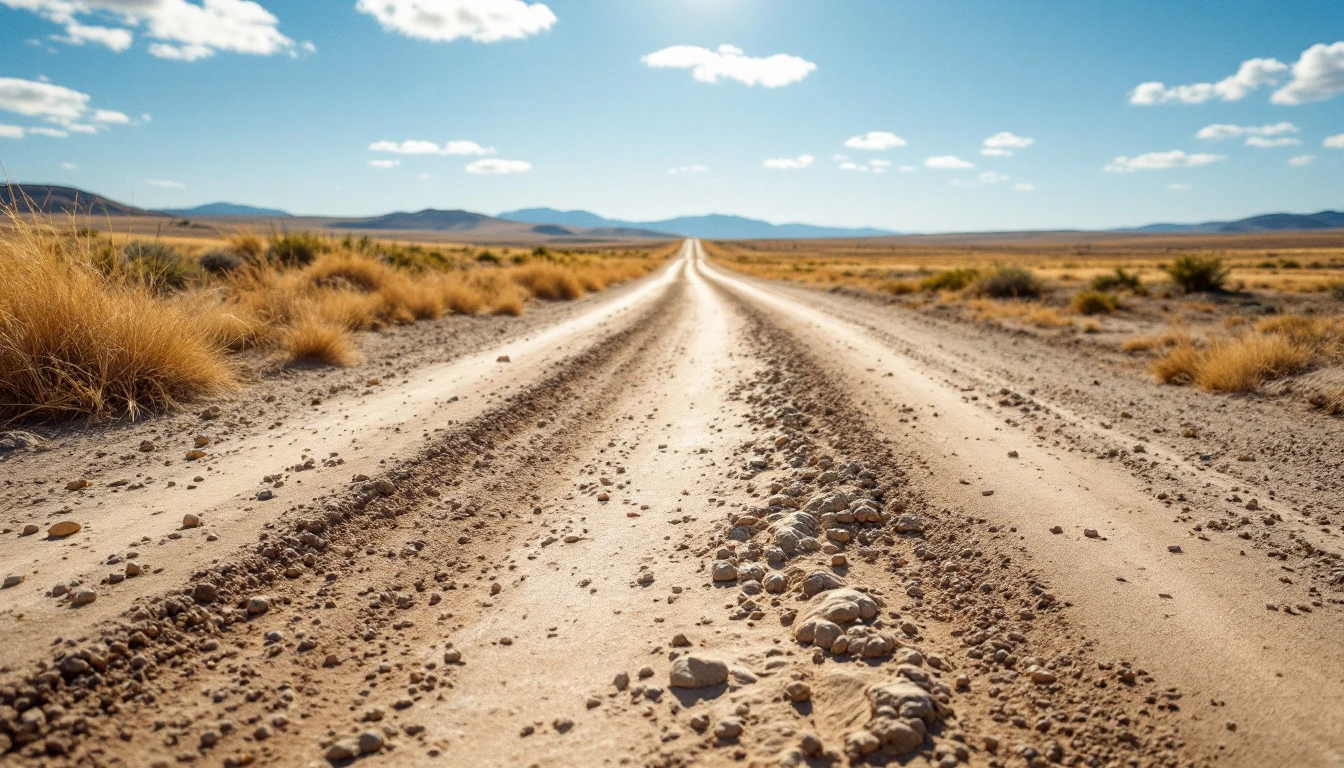 Low view along a sun baked chip seal drive through dry open land