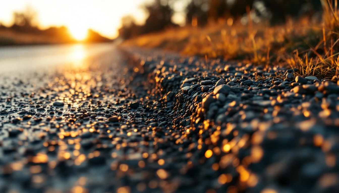 Chip sealed lane meeting loose gravel shoulder in warm light