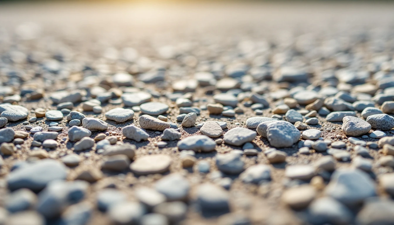 Rough chip seal surface of embedded stone chips in sunlight