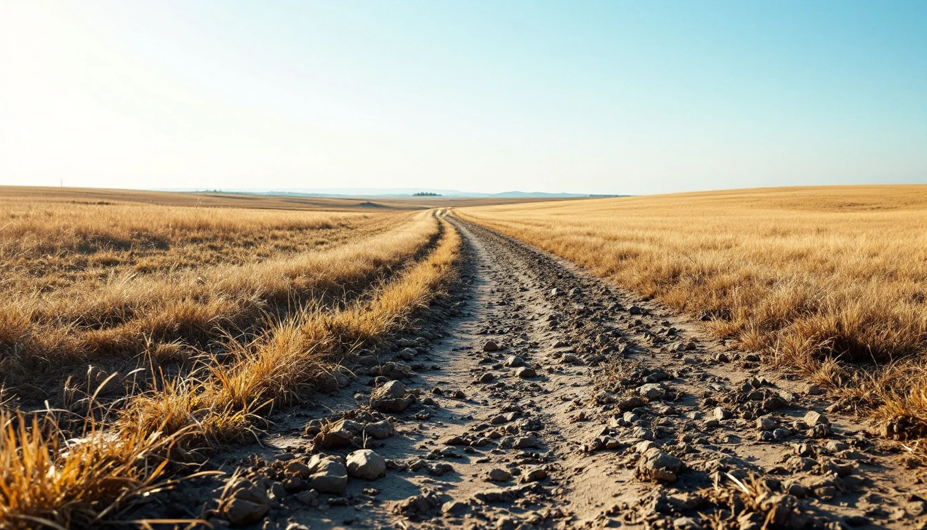 Chip seal track running through dry pasture in hard sun