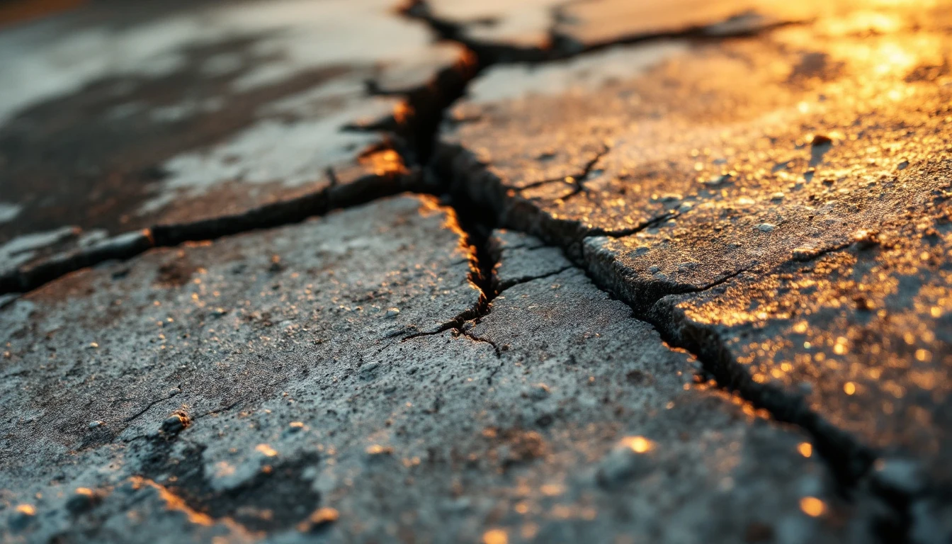 Chipped slab corner with a branching crack in warm low light