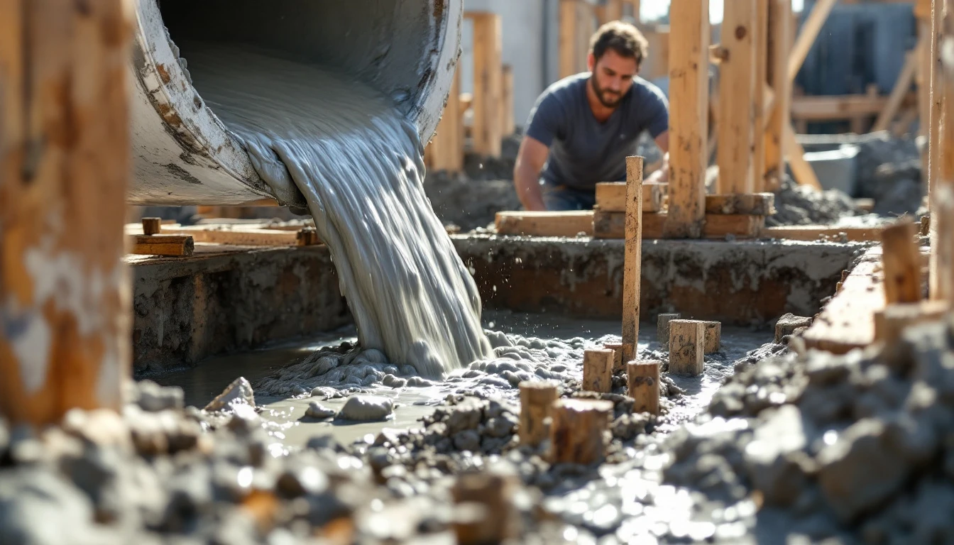 Wet concrete flowing from a chute into staked forms