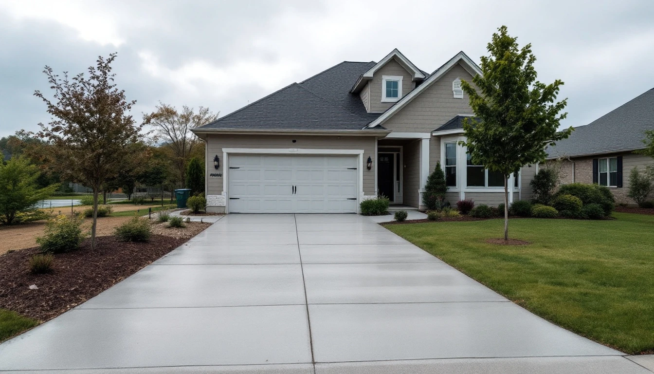 Smooth gray concrete driveway viewed from an elevated three quarter angle