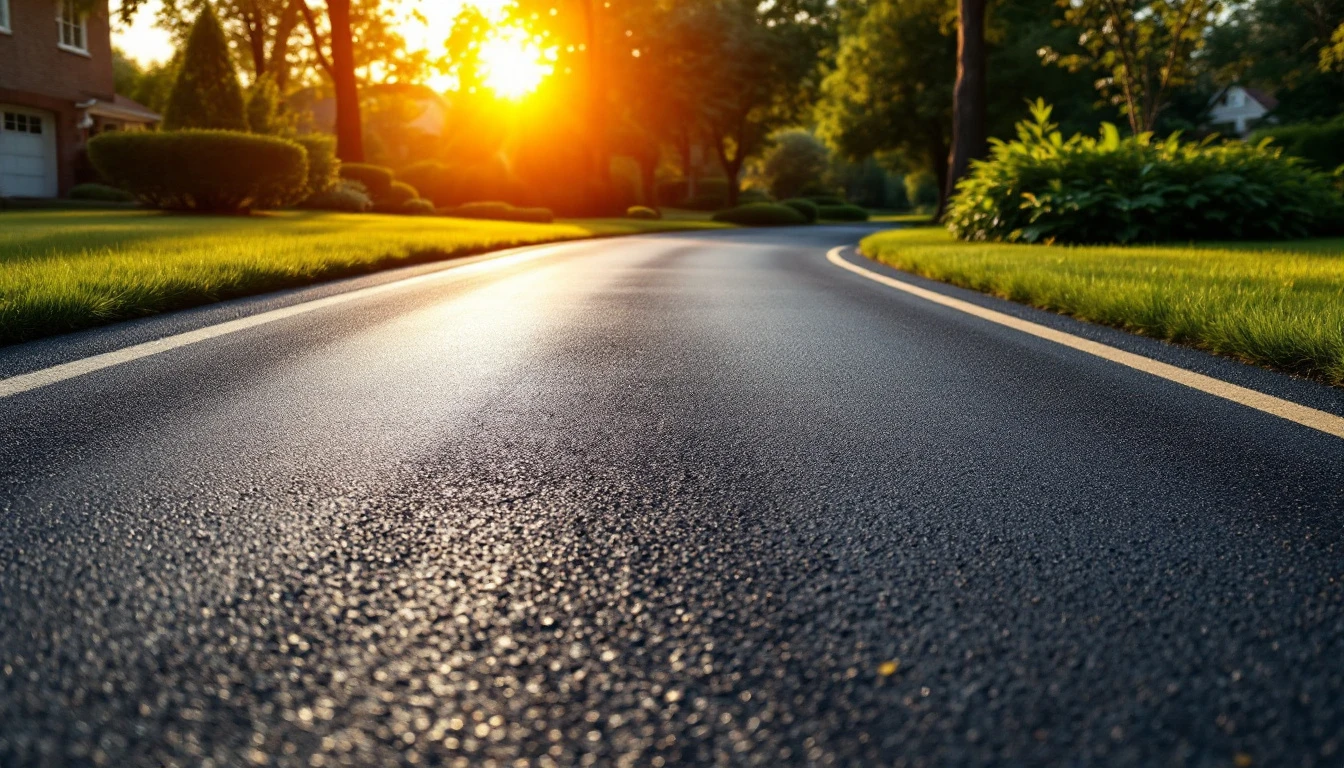 Freshly sealed asphalt drive with crisp edges in evening glow