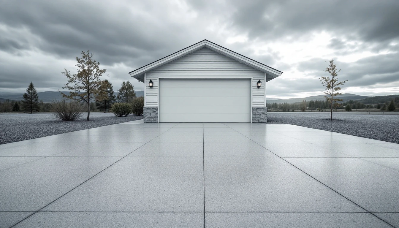 Smooth new concrete driveway leading to a garage under an overcast sky