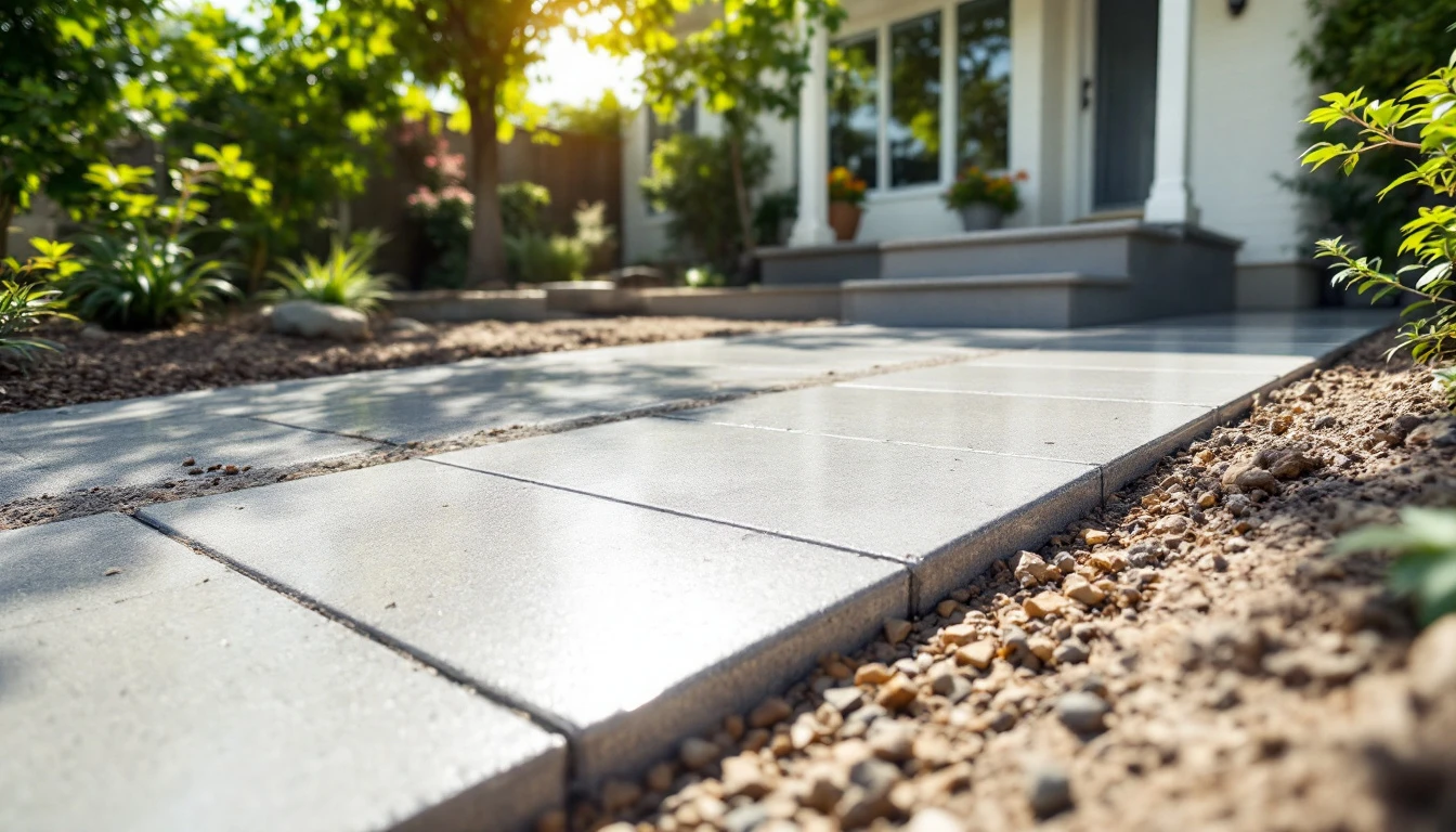 Clean new concrete slab running toward a small house in bright sun