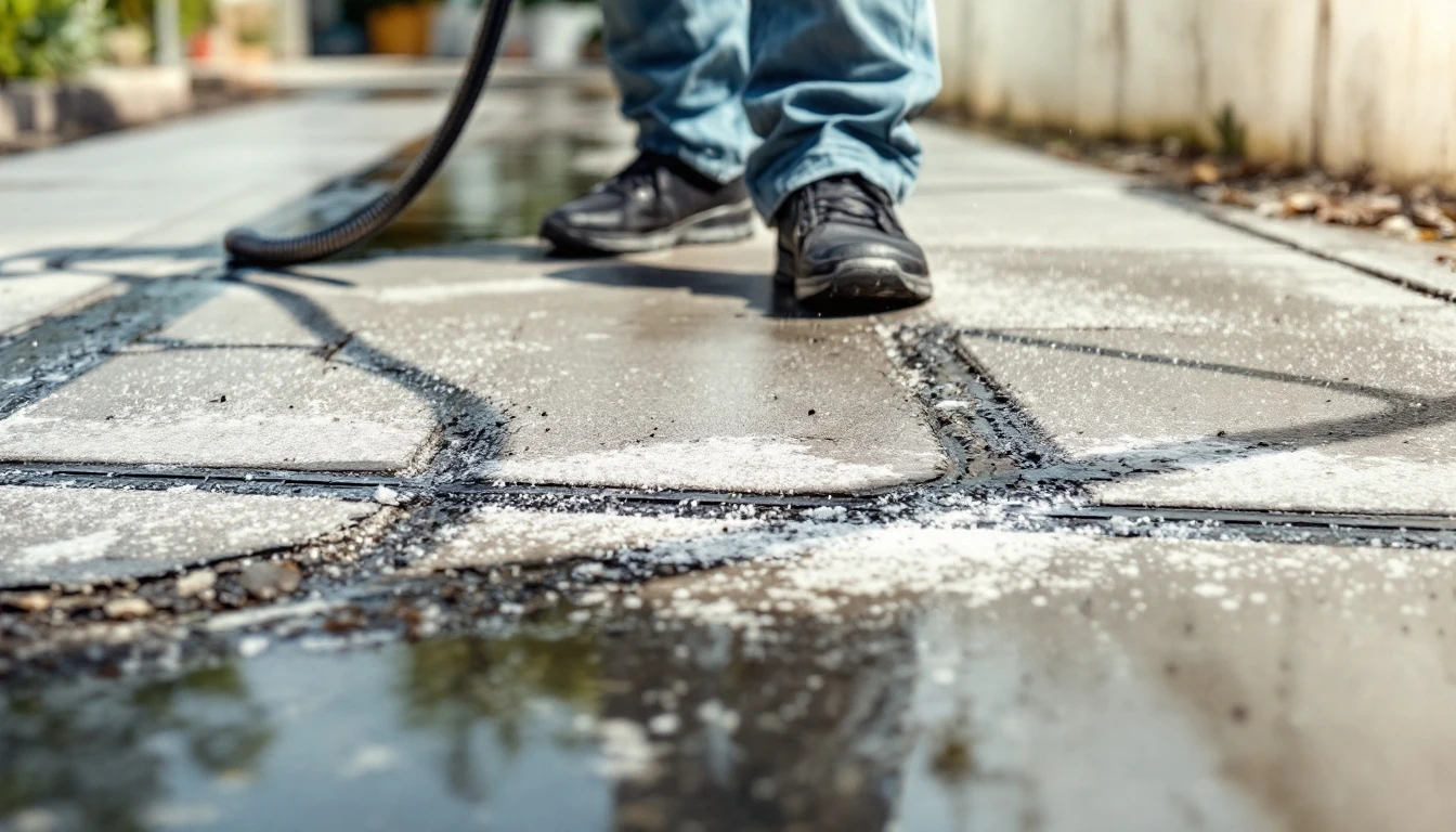 Clean washed stripe cutting across a dingy concrete drive