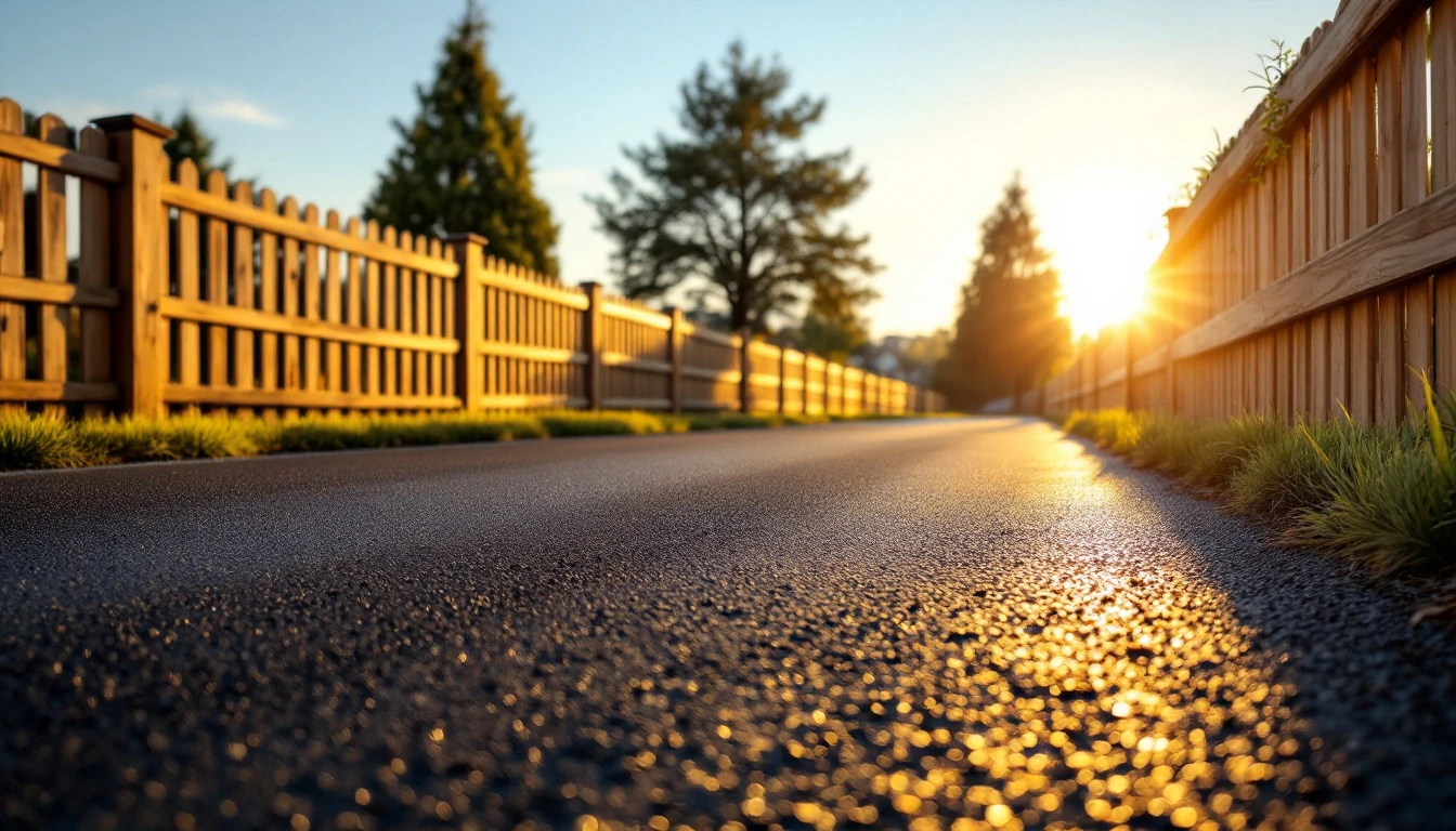 Clean sealed asphalt drive beside a fenced yard in warm light