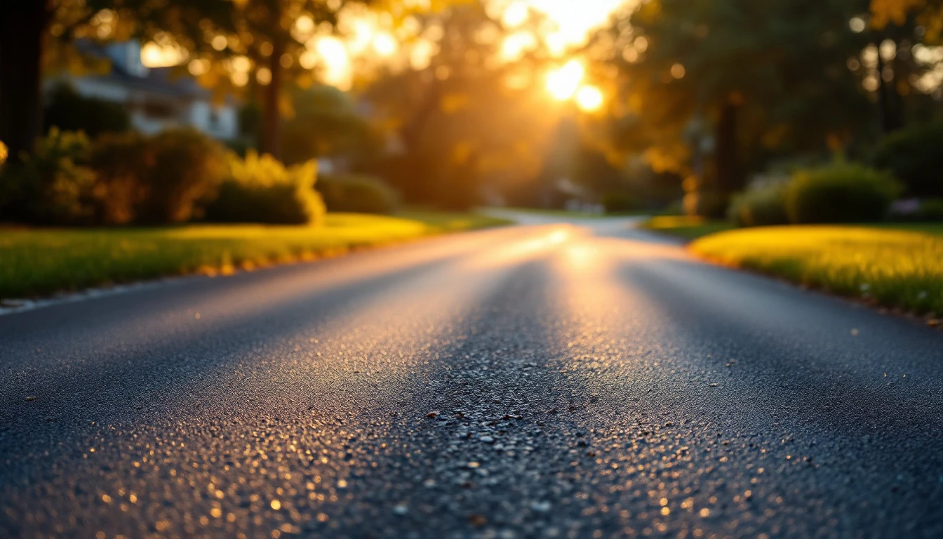 Freshly swept asphalt drive in soft golden morning light