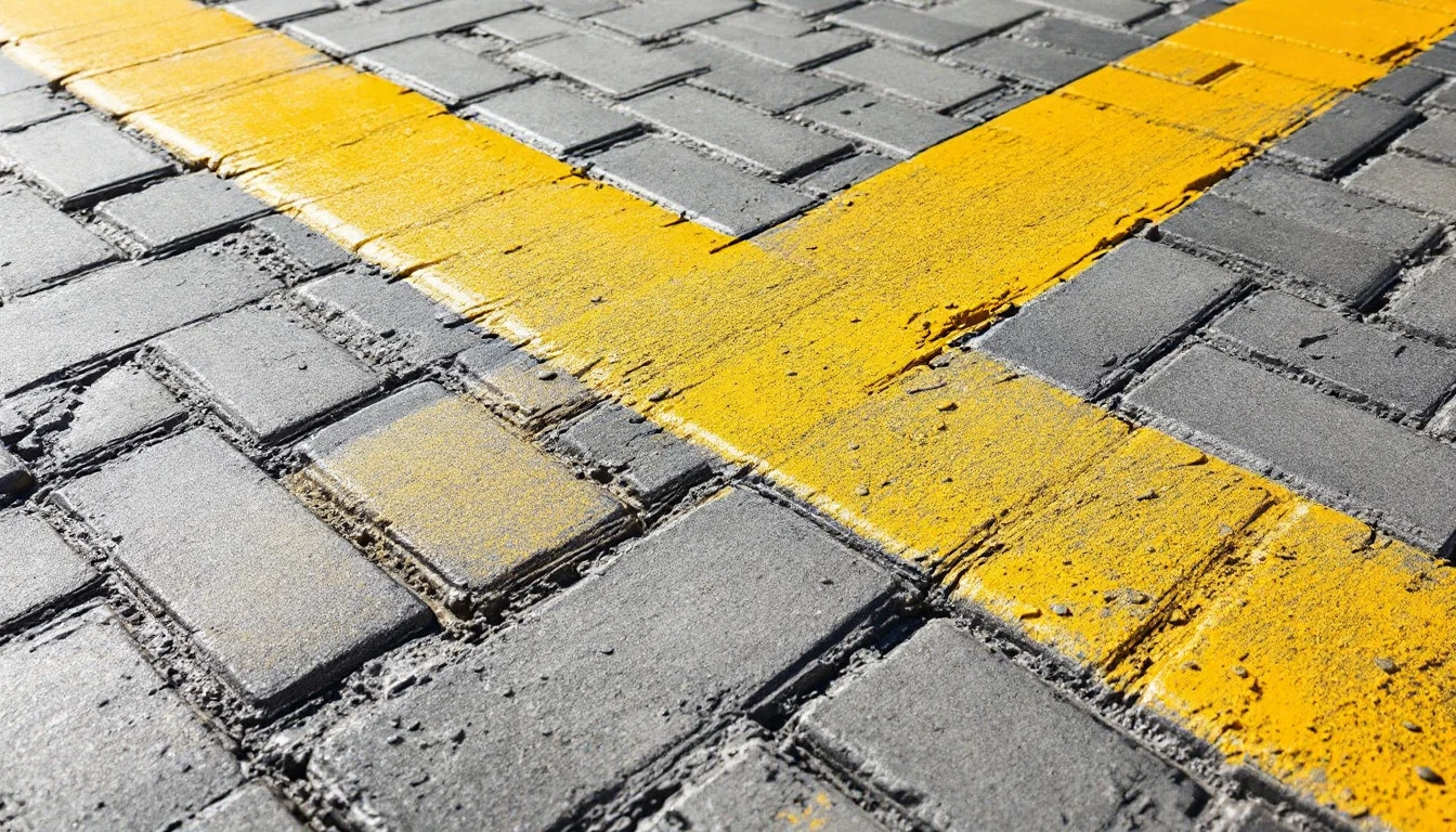 Clean washed stripe crossing a dingy weathered paver surface