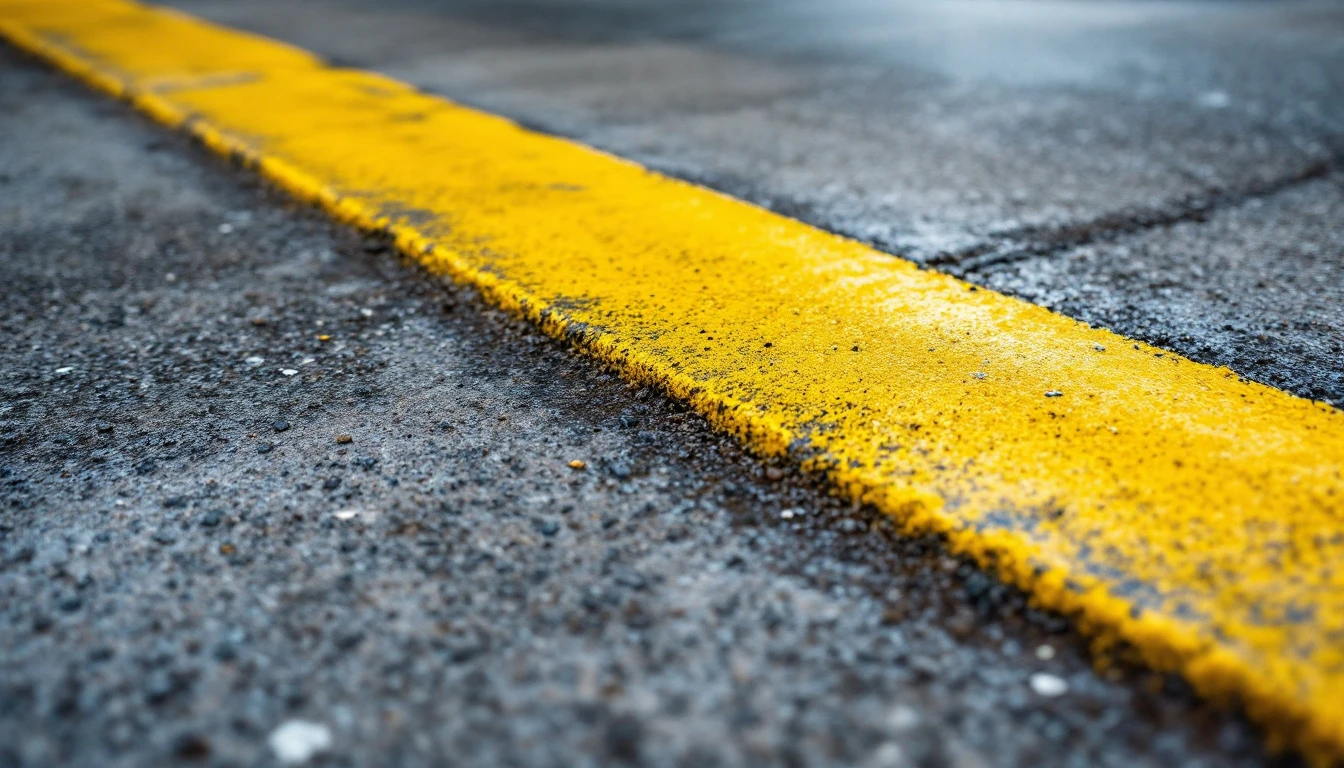 Freshly cleaned stripe beside a moss covered concrete surface