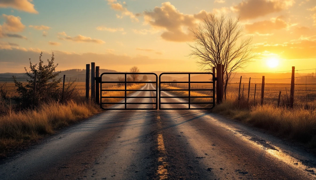 Closed metal gate spanning a weathered asphalt lane at golden hour