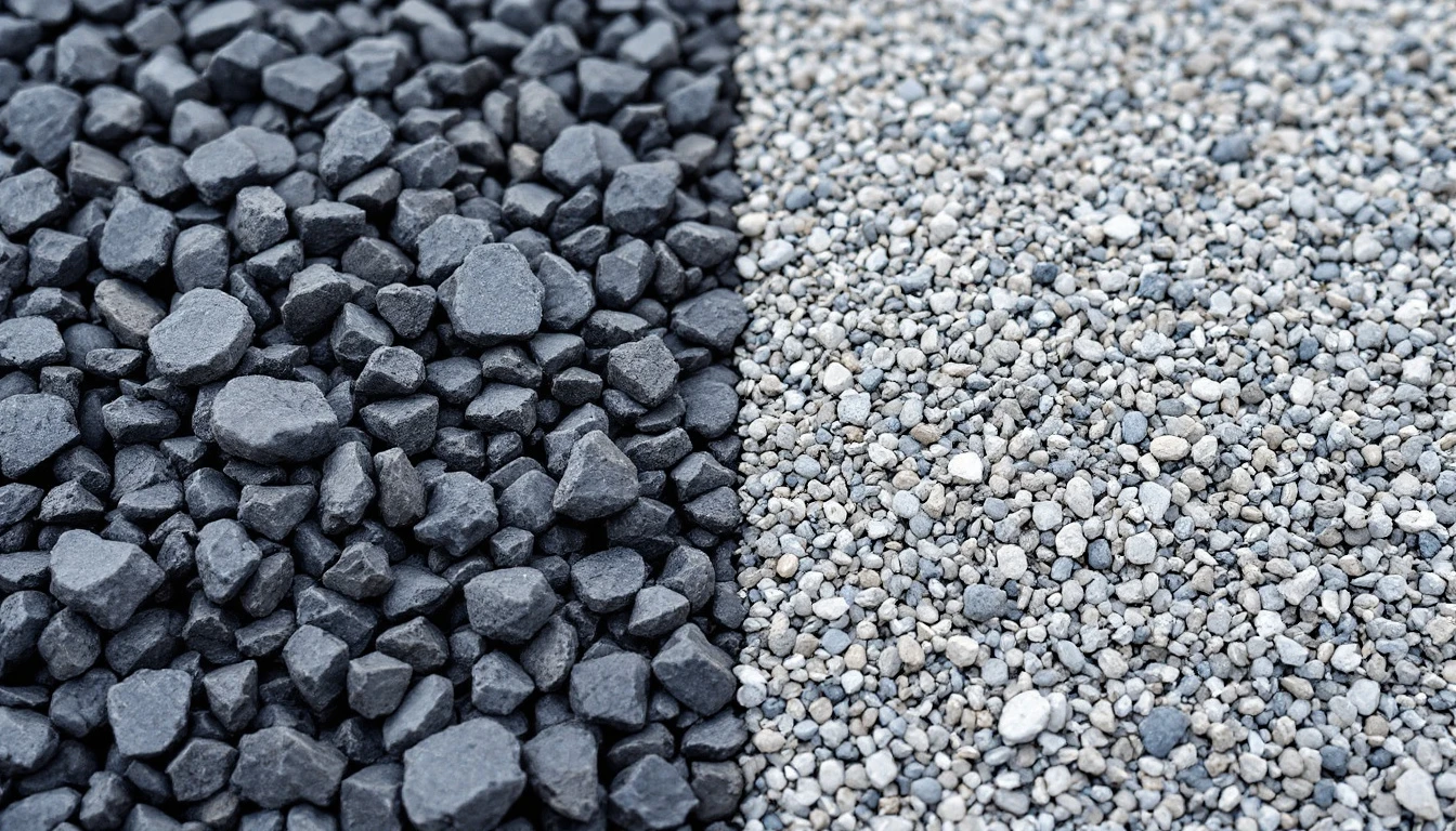 Coarse crushed stone beside fine gravel in close detail