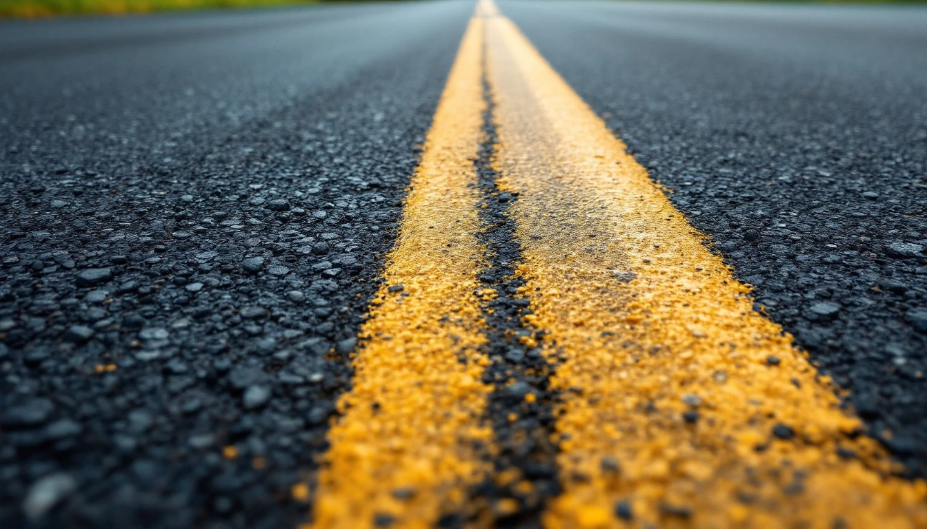 Boundary line where glossy coating meets dull untreated asphalt