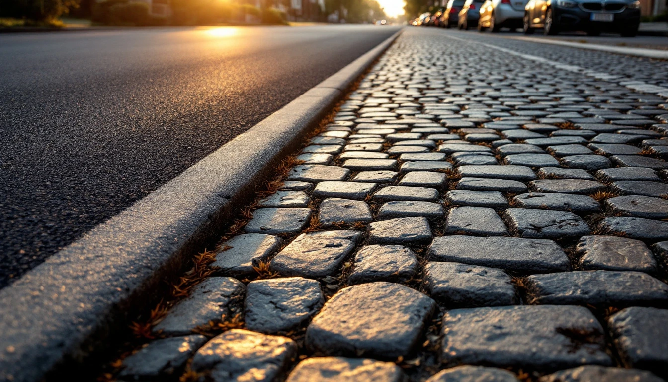Weathered cobblestone apron meeting smooth asphalt at the curb line