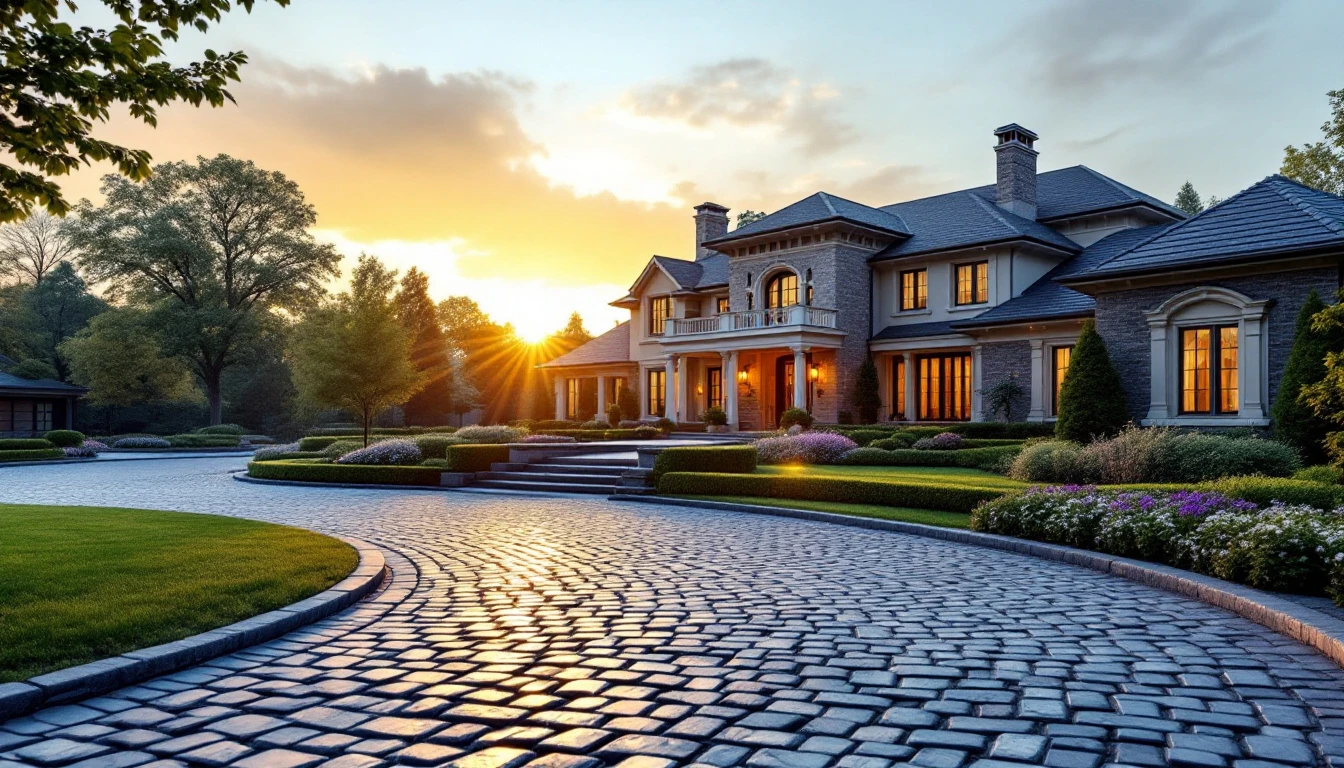 Curving cobblestone drive in warm evening light before a large home