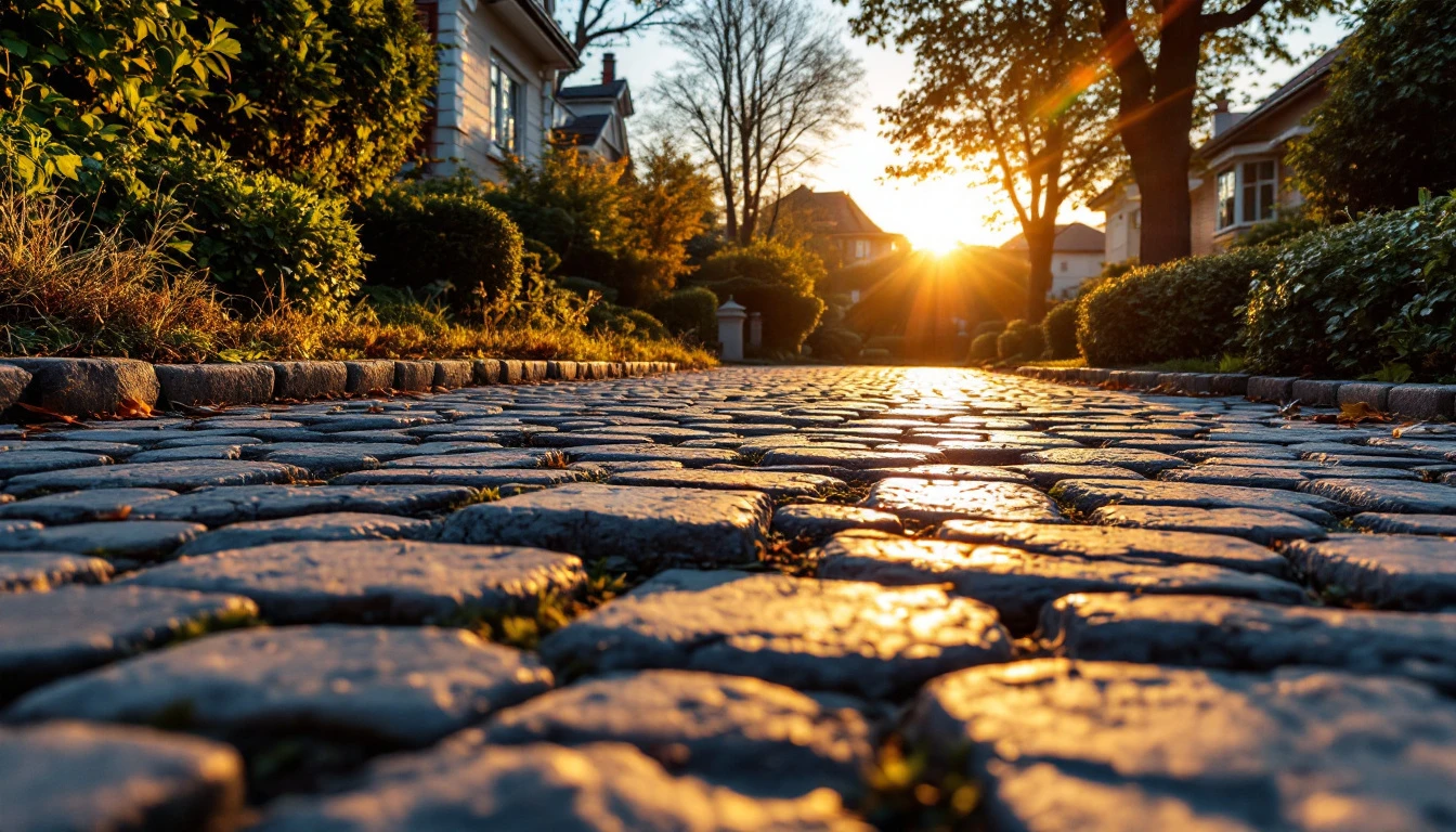 Weathered cobblestone driveway catching warm evening light along its edge