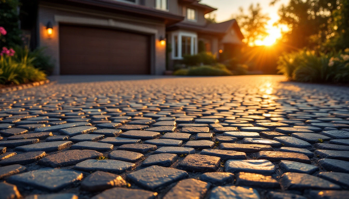 Cobblestone drive glowing at golden hour in front of a garage