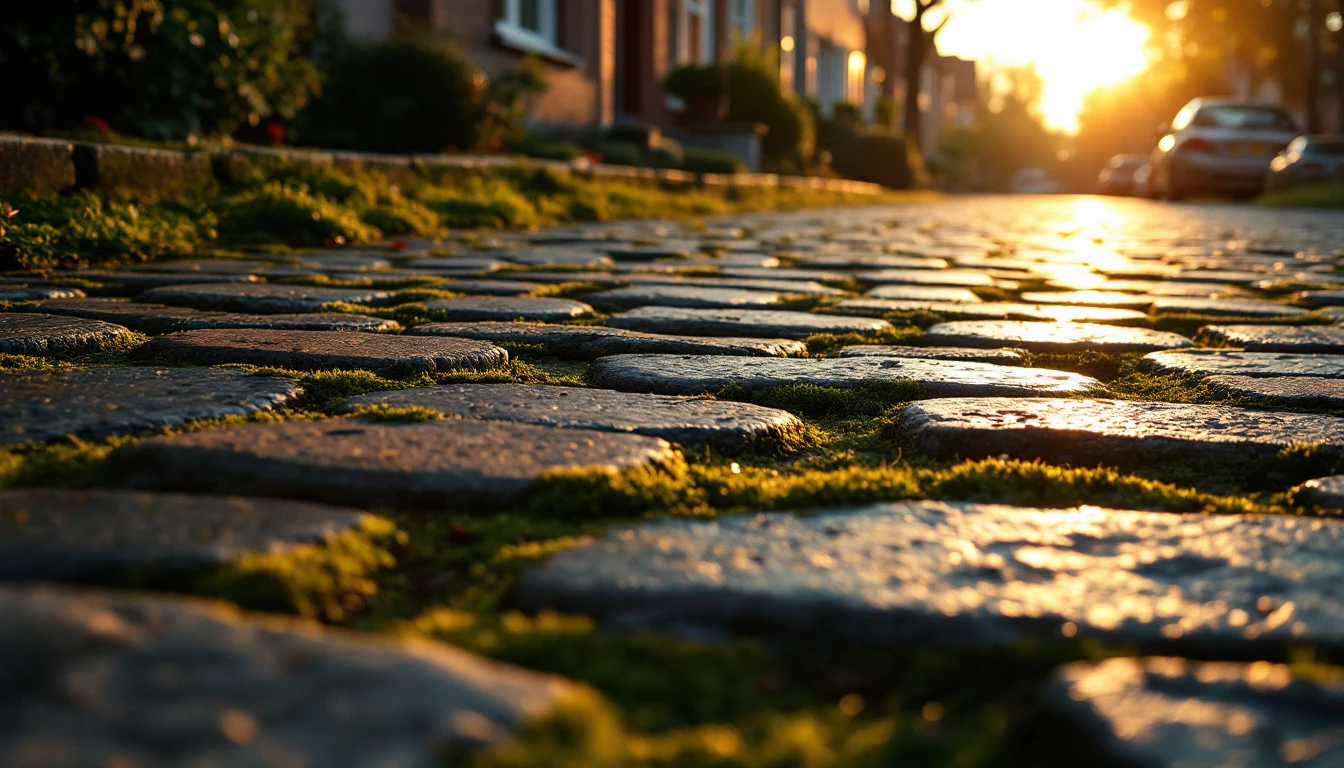 Low view along mossy weathered cobblestones in warm late afternoon light