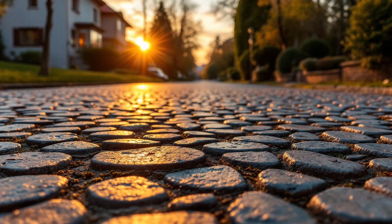Weathered cobblestone driveway of rounded stones glowing in dusk light